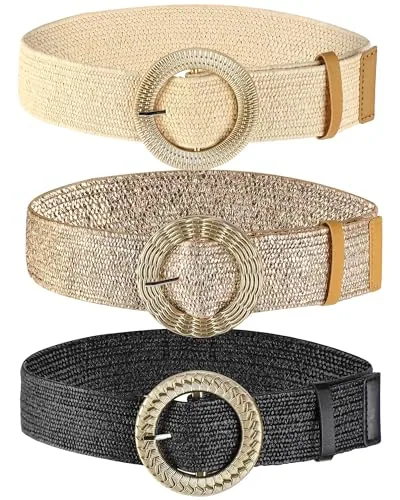 3 Pcs Woven Straw Elastic Stretch Waist Belts Retro Style X L
