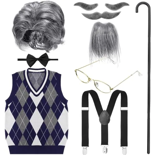 9 Pcs Old Man Costume for Boys 100th Day of School Kids 1920s Old Person