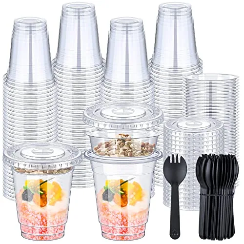 100 Sets 12oz Clear Plastic Parfait Cups with Flat Lids - Insert Yogurt