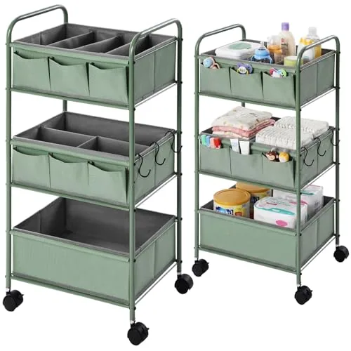 3 Tier Green Baby Diaper Caddy Organizer Cart with 4+3 Dividers Large