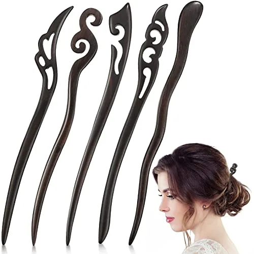 5 Pieces Carved Wood Hair Sticks - Handmade Natural Ebony Black