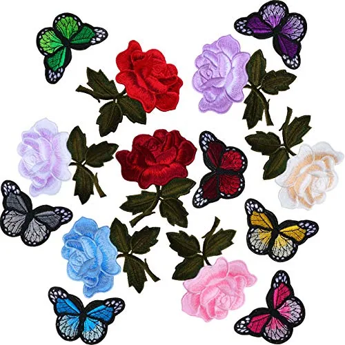 14 Pieces Embroidery Rose Flower Butterfly Iron on Applique Patches Sew