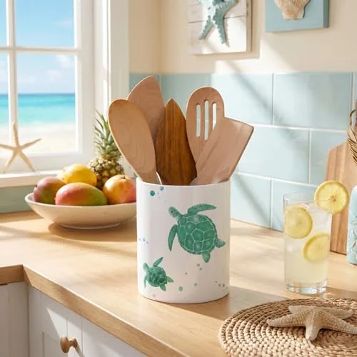 Sea Turtle Utensil Holder Coastal Kitchen Acrylic Crock Decor