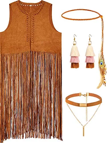 4 Pieces Halloween Carnival Women Hippie Costume Set Fringe Vest Faux