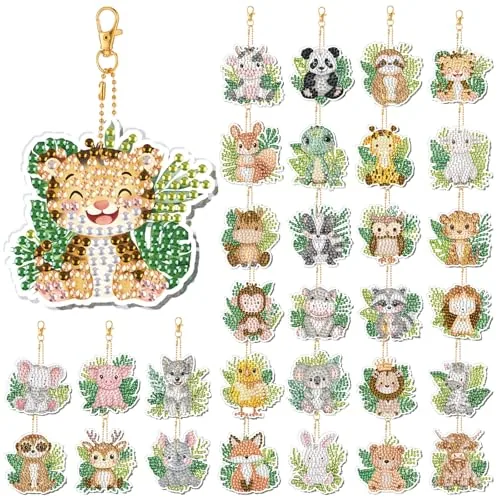 30 Pcs Jungle Animals Diamond Art Keychain Ornaments