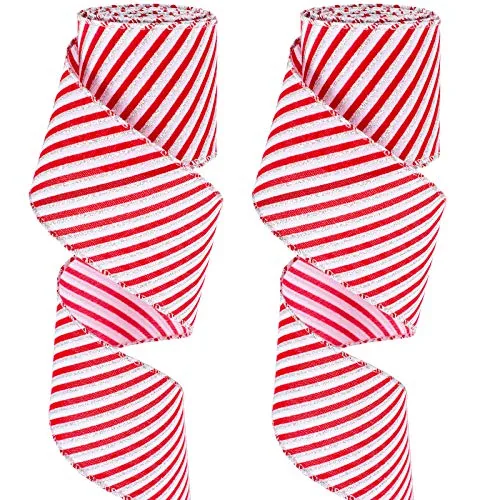 2 Rolls Wired Ribbon Red White Striped 2.5 Inch X 6 Yard