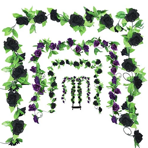 4 Pcs Artificial Flower Garland Rose Vine, Black and Purple