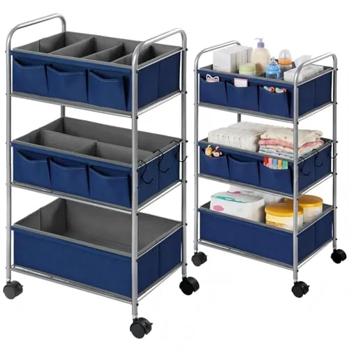 3 Tier Blue Baby Diaper Caddy Organizer Cart with 4+3 Dividers Large