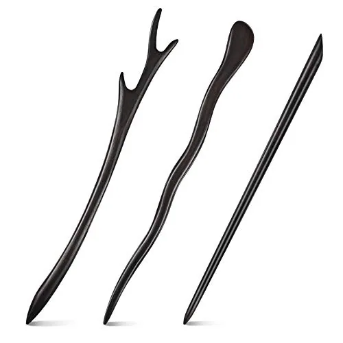 3 Pcs Wooden Hair Stick Natural Ebony Black Sandalwood Hair Pin