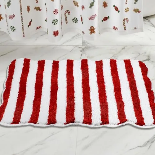 Red White Striped Christmas Bathroom Rug Non Slip Bath Mat 32x20 Inch