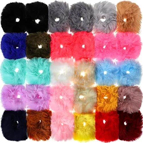 30 Pieces Fuzzy Scrunchies Bulk Pompom Ball Elastic Hair Ties Fluffy