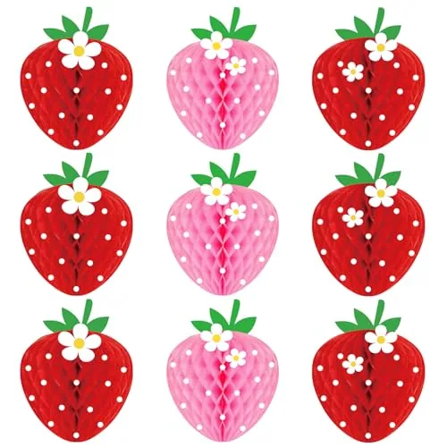 9 Pcs Strawberry Party Decorations Cute Strawberry Honeycomb Balls