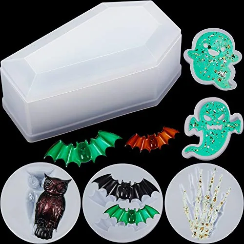 6 Pcs Halloween Resin Coffin Molds Coffin Box Bat Owl Skull Ghost