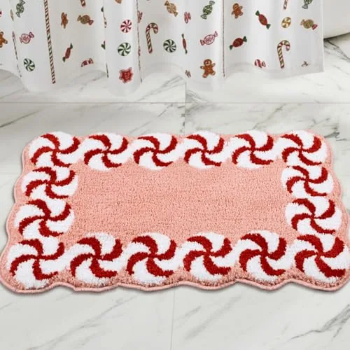 Christmas Pink Candy Bathroom Rug Scalloped Non Slip Bath Mat 32x20 Inch