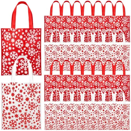 30 Pcs Christmas Gift Bags Reusable Red and White Snowflake Non Woven