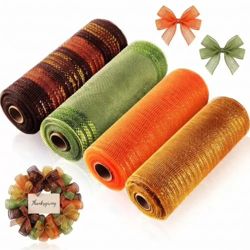 4 Rolls 40 Yards Fall Mesh Ribbon for Wreath, 10 Inch