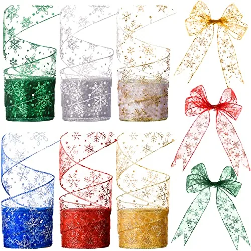 6 Rolls Christmas Wired Ribbon 2.5 Inch 60 Yds Glitter 6 Colors
