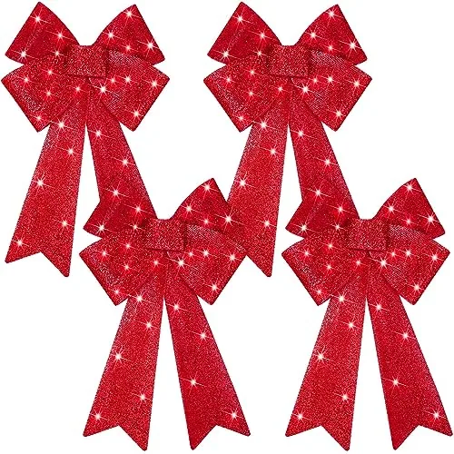 4 Pcs LED Christmas Wreaths Red Bow 24 x 12'' Lighted Tree Topper