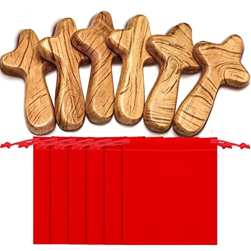 6 Set Handheld Wooden Crosses Pocket Palm Crucifix