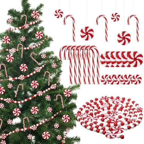 49 Pcs Christmas Candy Canes Ornament Gift 5 Yards Wired Christmas Ribbon