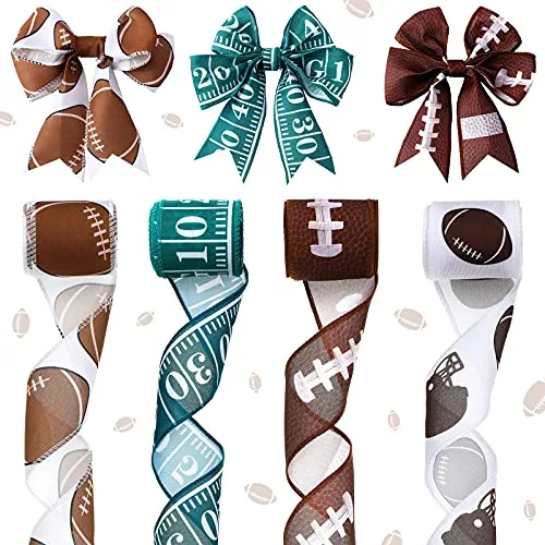4 Rolls Football Wired Ribbon 20 Yards 2.5 Inch Brown Green Ribbon