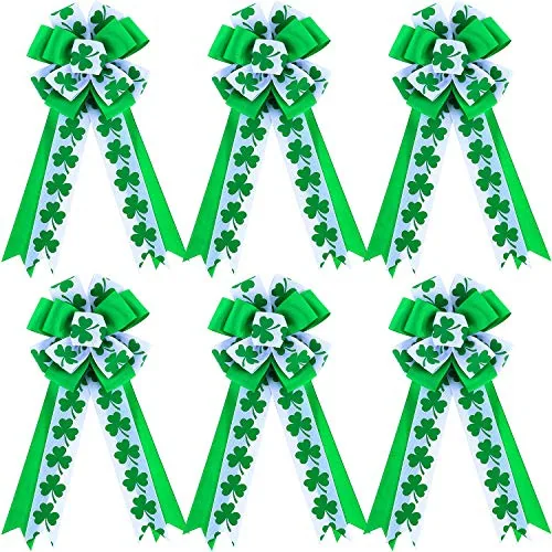 6 Pcs St. Patrick's Day Wreath Bow Green Shamrock Satin Bow Gift, Clover