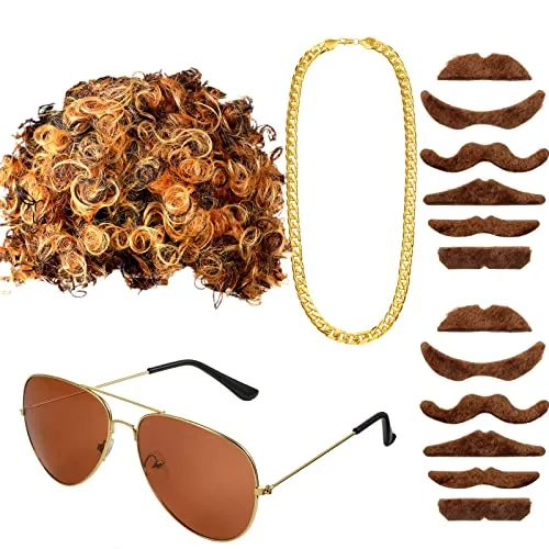 Hippie Disco Costume Set 70s Afro Wig Chain Glass Moustache