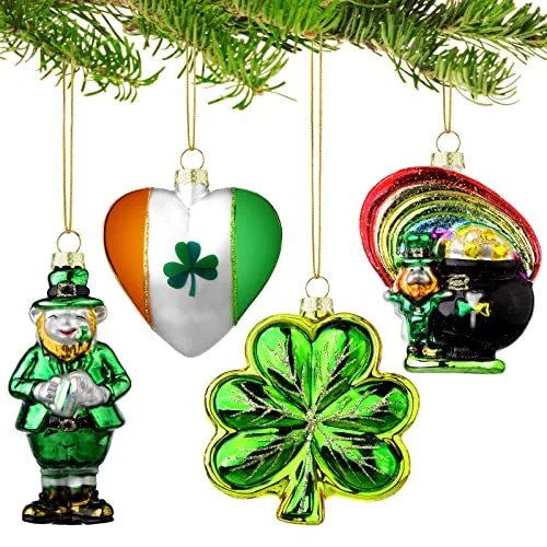4 Pcs Christmas Glass Ornaments, Irish Shamrock Hanging
