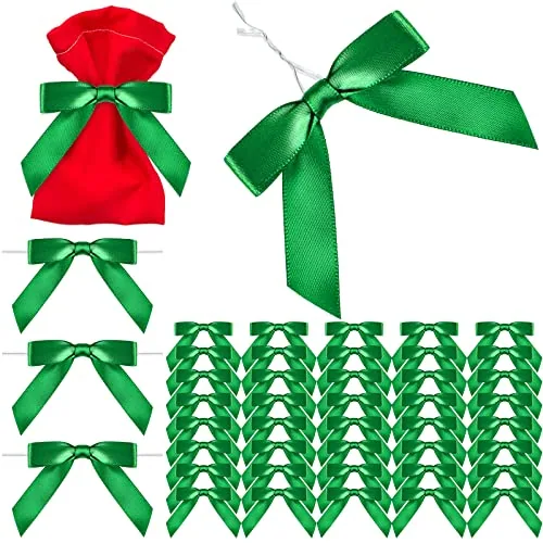 100 Pcs Green Bows Twist Tie Satin Treat Bags,5/8 Inch
