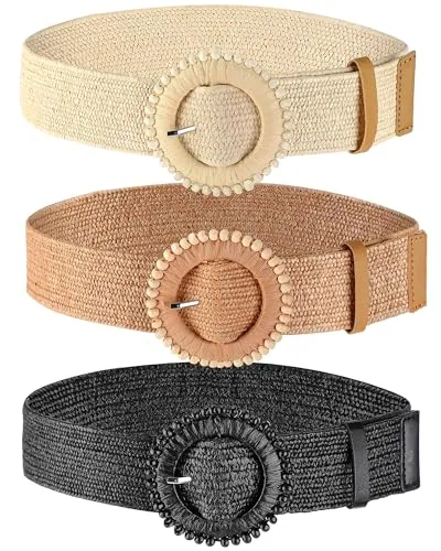 3 Pcs Woven Straw Elastic Stretch Waist Belts Cute Style M
