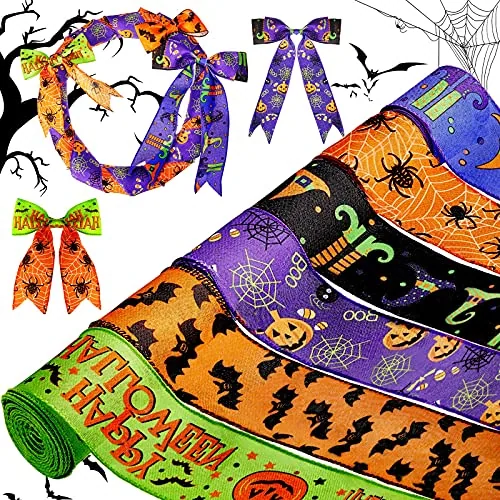 6 Rolls 30 Yds Halloween Wired Ribbon Bat Pumpkin Spider Web