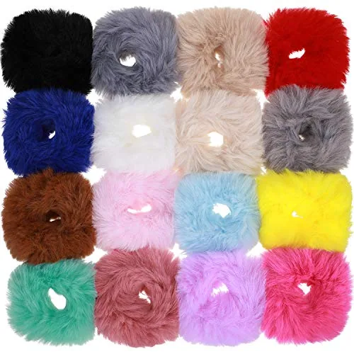 16 Pcs Furry Scrunchies Fuzzy Pom Pom Hair Ties,null