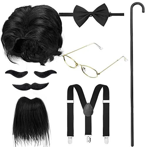 8 Pcs Old Man Costume Old Man Wig Cane Glasses Faux Eyebrows Mustache