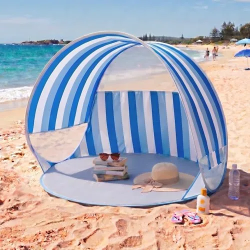 Pop up Beach Tent, Blue Stripe, Portable Sun Shelter, 4 People