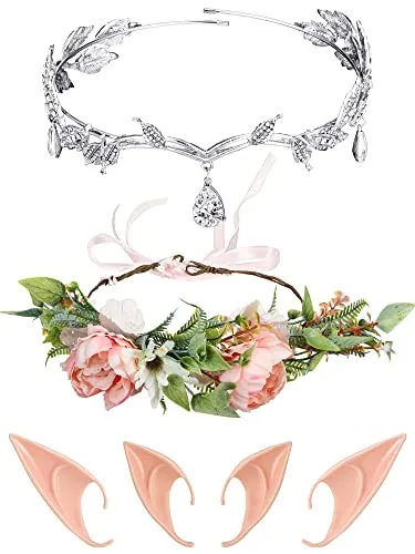 2 Sets Elf Ears with Headband Rhinestone Leaf Wedding Tiara Bridal Tiara