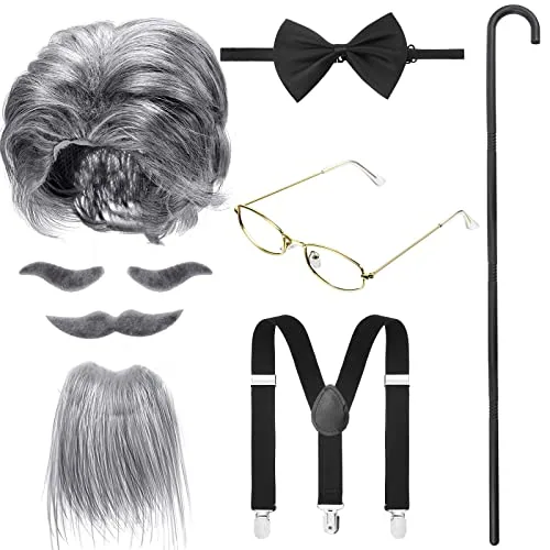 8 Pcs Old Man Costume Old Man Wig Cane Glasses Faux Eyebrows Mustache