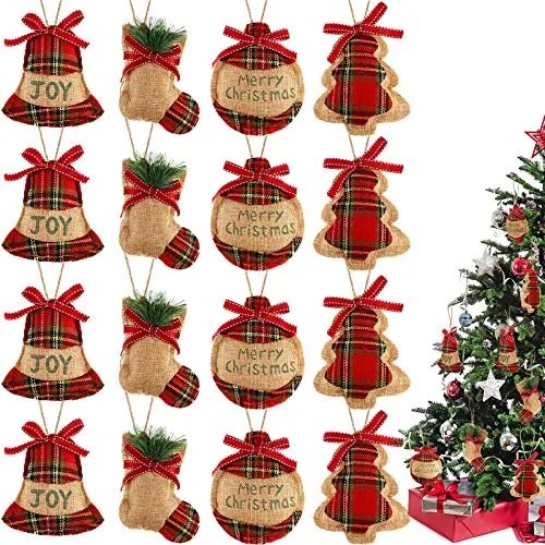 16 Pcs Burlap Christmas Ornaments, Red Buffalo Plaid Farmhouse