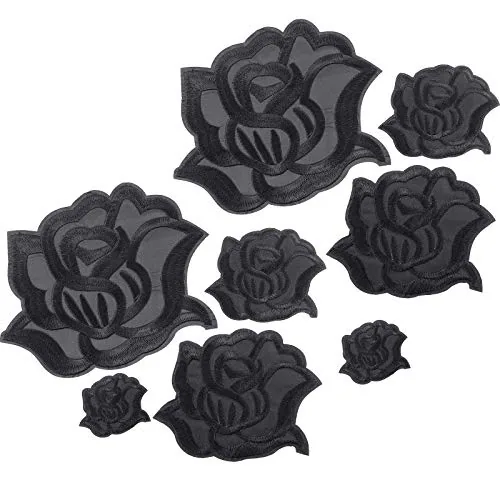 8 Pieces Black Iron on Rose Patches, 4 Sizes Flower Appliques