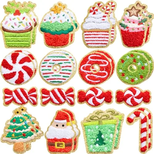 28 Pcs Christmas Dessert Chenille Patches Self Adhesive Cute Holiday