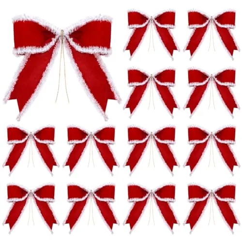 Christmas Velvet Bows for Wreaths, Red and White, 4 x 4 Inch