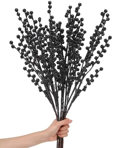 Artificial Black Berry Stems 21.6 Inch Halloween Faux Holly Berry