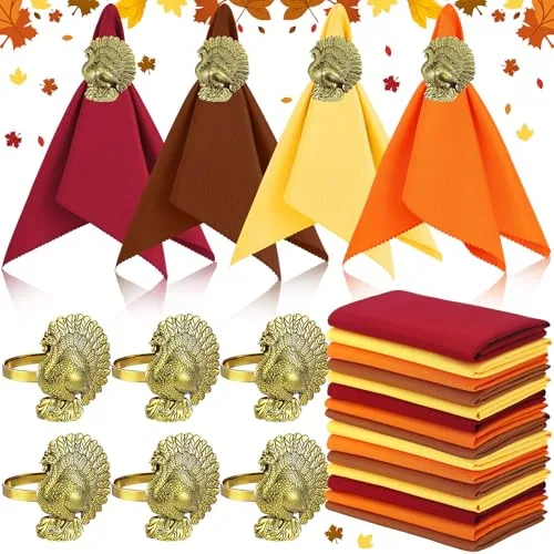 24 Pcs Thanksgiving Napkin Rings and Cloth Napkins Bulk Thanksgiving