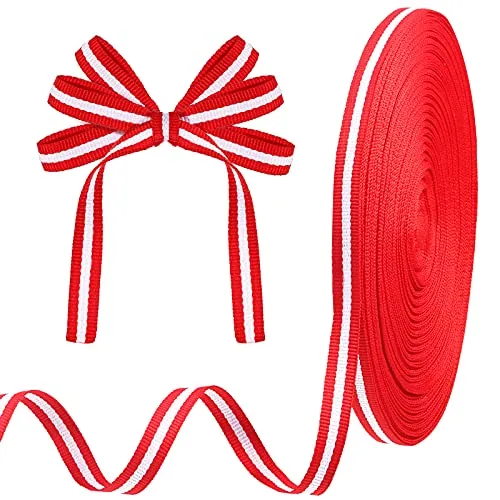 50 yd Striped Grosgrain Ribbon, 3/8 Inch, red and White