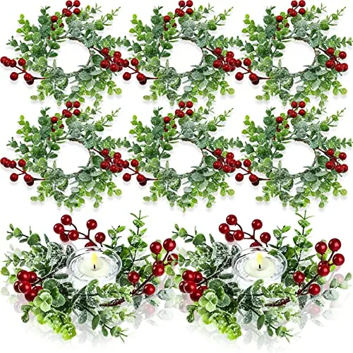12 Pieces Christmas Candle Rings Red Berry Greenery Centerpiece