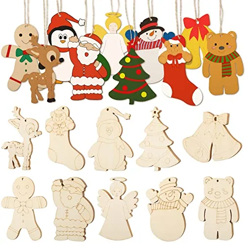 60 Pcs DIY Unfinished Wooden Christmas Ornaments