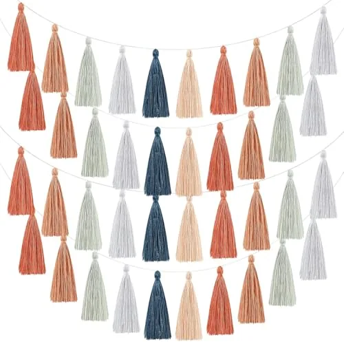 4 Pieces Tassel Garland for Classroom Wall Decor Boho Brown Green Pink