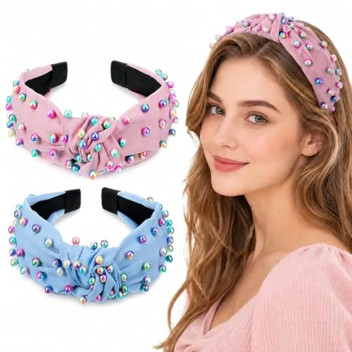 2 Pcs Pearl Knotted Headbands for Women, Cute Cross Knot Headband