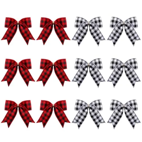 12 Pcs Buffalo Plaid Bows Black and Red 7 x 7 Inch