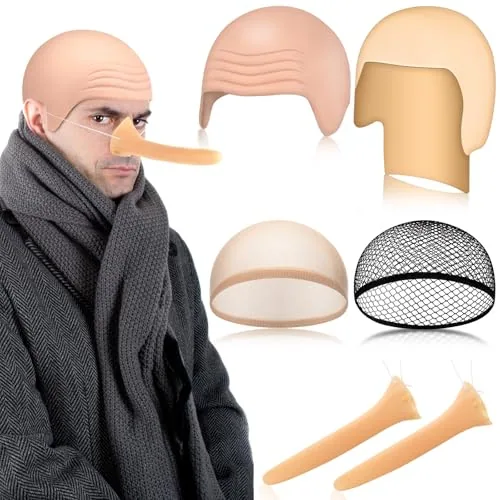 6 Pcs Halloween Costume for Adults Bald Cap Latex Long Fake Nose