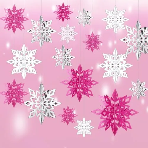 18Pcs Pink and White Snowflakes Decoration 3D Hollow Christmas Hanging